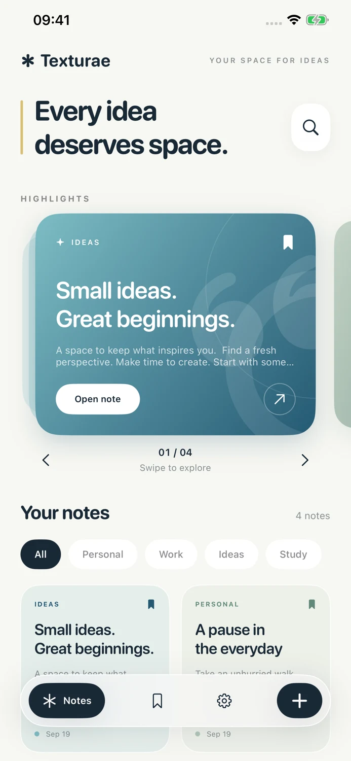 Texturae home screen with highlights and notes