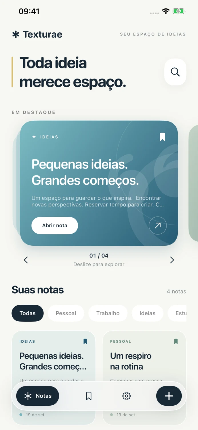 Tela inicial do Texturae com destaque e notas